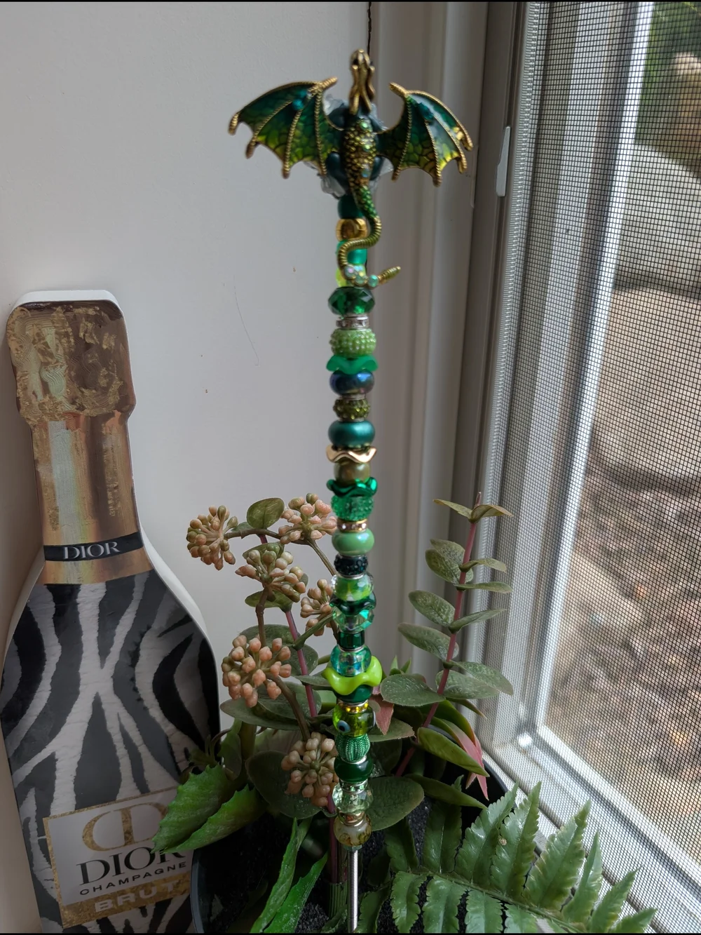 Hand Made Fairy Wand/Plant/Garden Stake W/Green Enamel Dragon Topper
